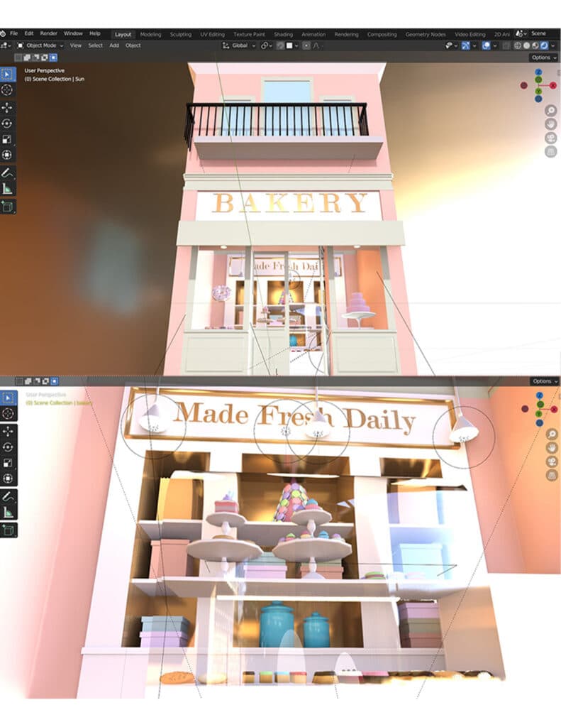 3D bakery building model shown from the outside and as a cutaway of its interior