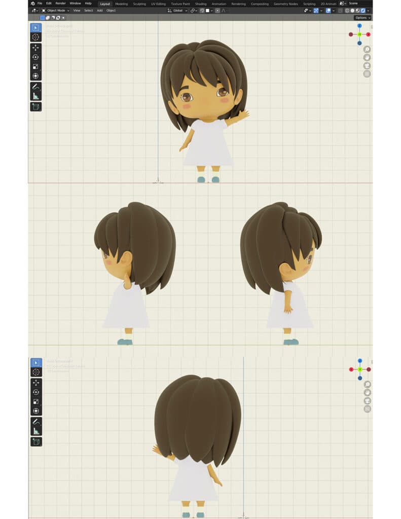 3D model of a little girl character shown from the front, sides, and back