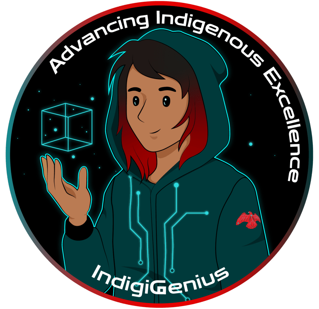 Circular “Advancing Indigenous Excellence” merch illustration of a young person in a circuit-patterned hoodie holding a glowing cube