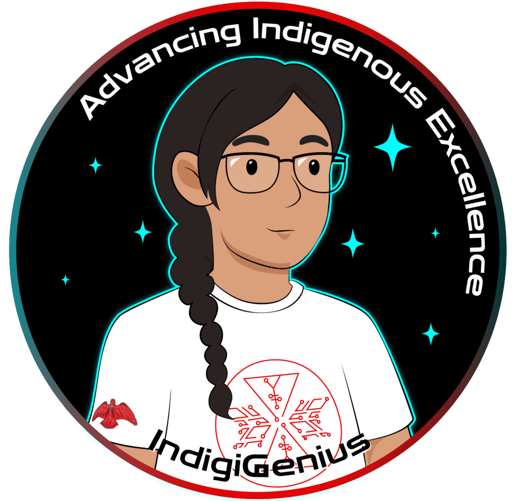 Circular “Advancing Indigenous Excellence” merch illustration of a young woman with glasses and a long braid