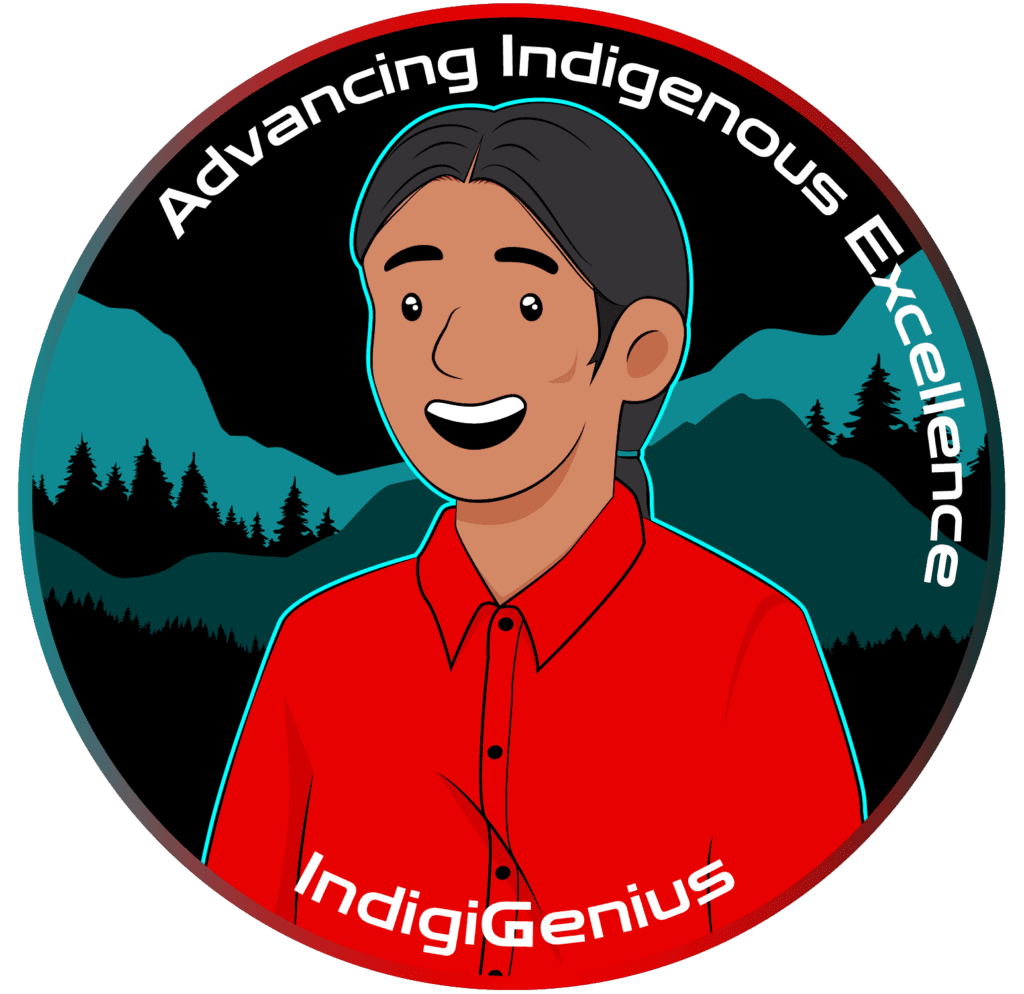 Circular “Advancing Indigenous Excellence” merch illustration of a smiling man in a red shirt in front of mountains