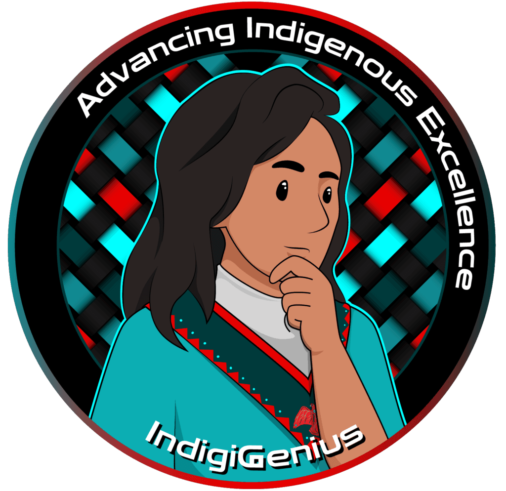 Circular “Advancing Indigenous Excellence” merch illustration of a thoughtful young woman against a woven pattern