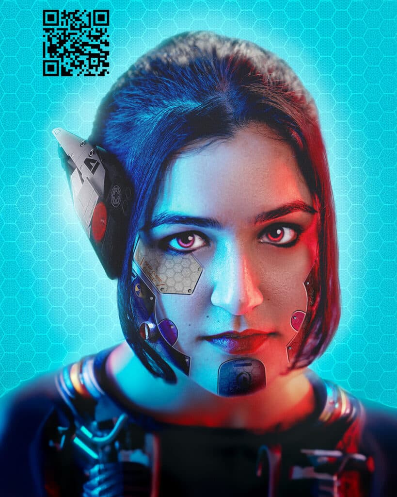 Portrait of a woman with cybernetic implants on her ear and cheek
