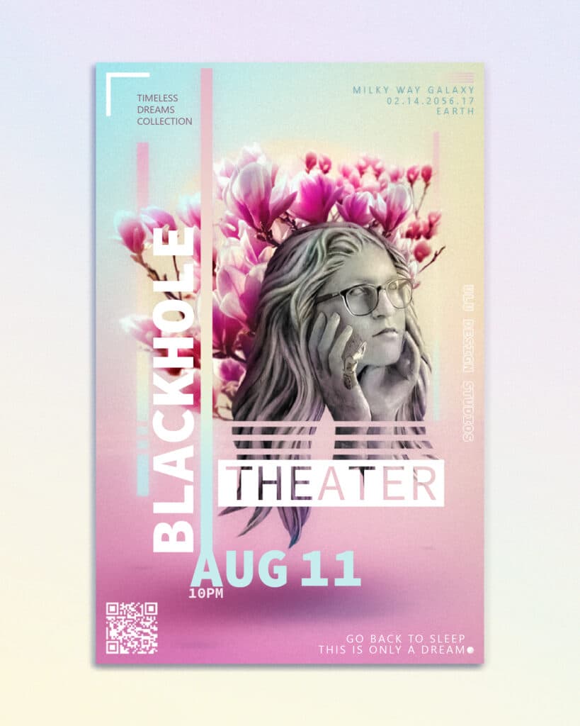 Event poster for Blackhole Theater on August 11, featuring a statue's face surrounded by pink flowers