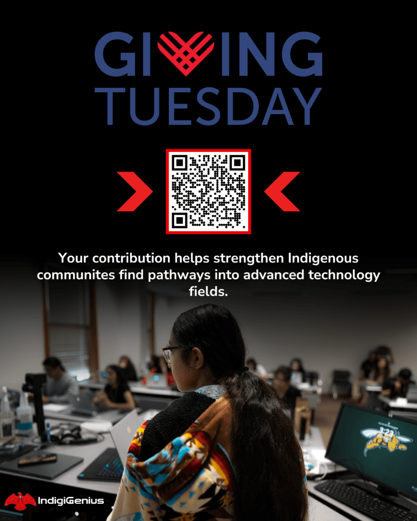 Giving Tuesday donation poster with a QR code above a photo of Indigenous students working at computers