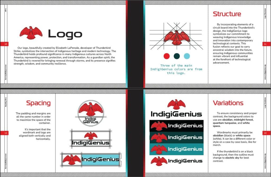 IndigiGenius brand guideline pages covering the logo, its structure, spacing rules, and approved variations