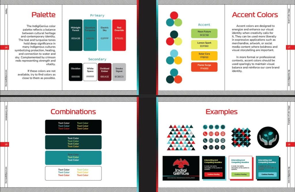 IndigiGenius brand guideline pages covering the color palette, accent colors, color combinations, and applied examples