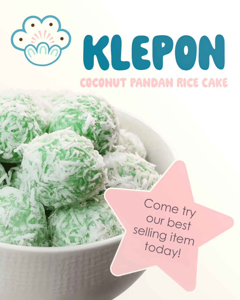 Kue social post featuring a bowl of klepon, coconut pandan rice cakes, labeled as a best-selling item