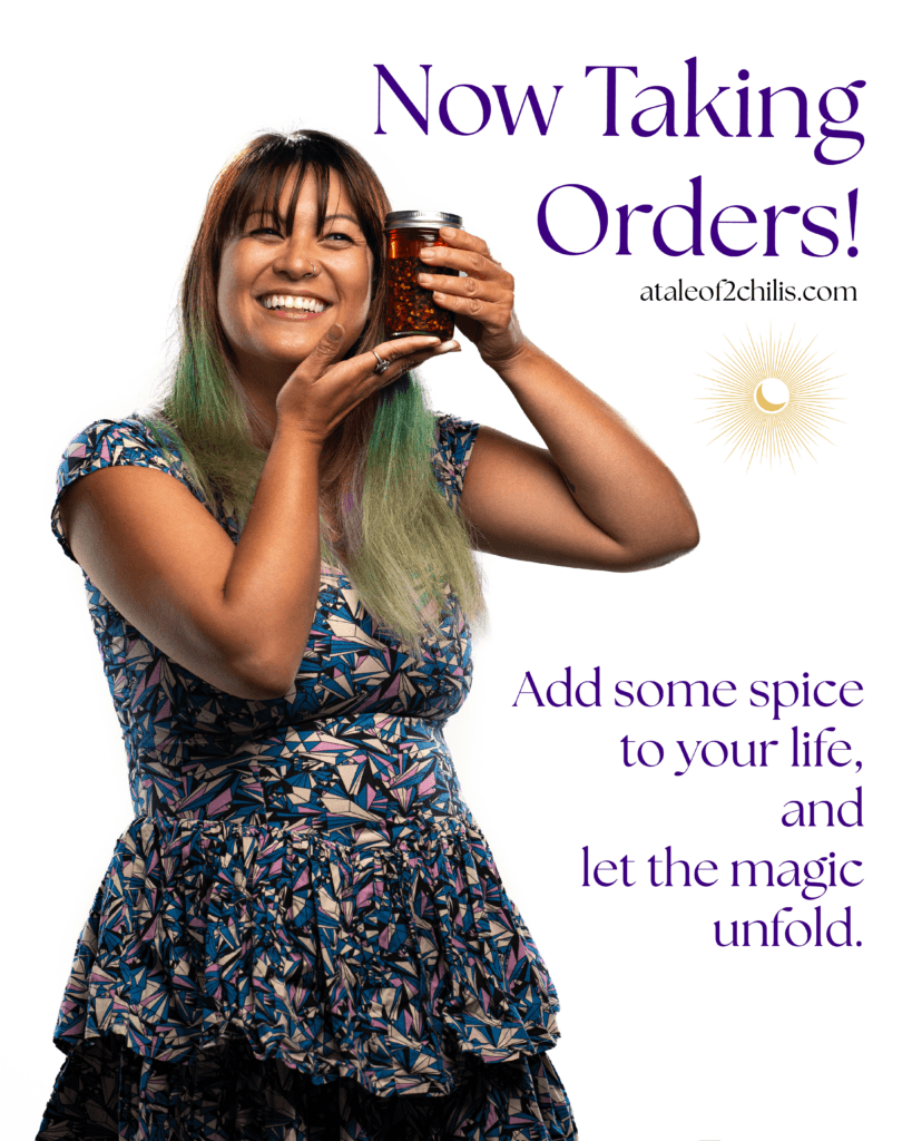 “Now Taking Orders!” social post showing the founder holding a jar, with the tagline “Add some spice to your life, and let the magic unfold”