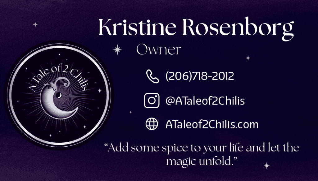 Back of the A Tale of 2 Chilis business card with the owner's name, title, and contact details