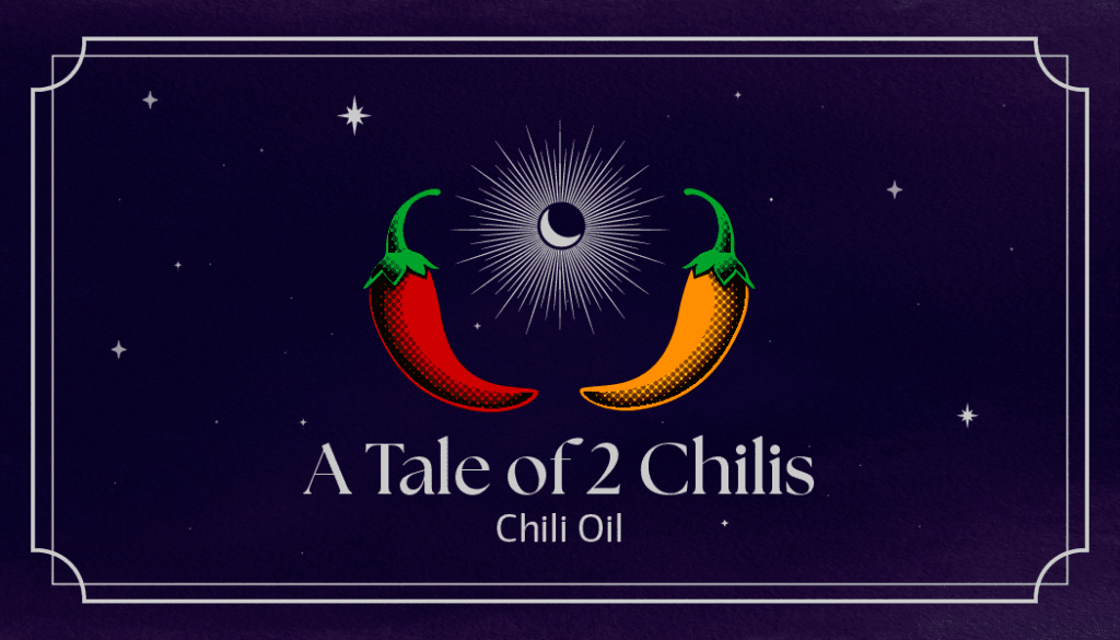 Front of the A Tale of 2 Chilis business card: two chili peppers framing a glowing moon on a starry purple background