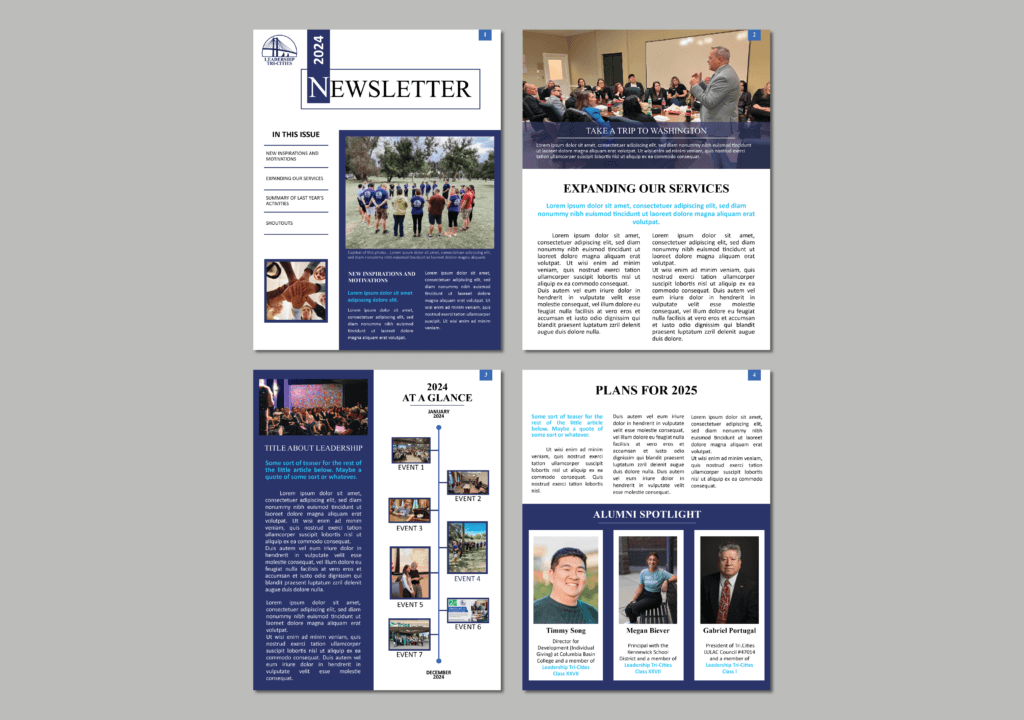 Four-page Leadership Tri-Cities newsletter layout with photos and articles