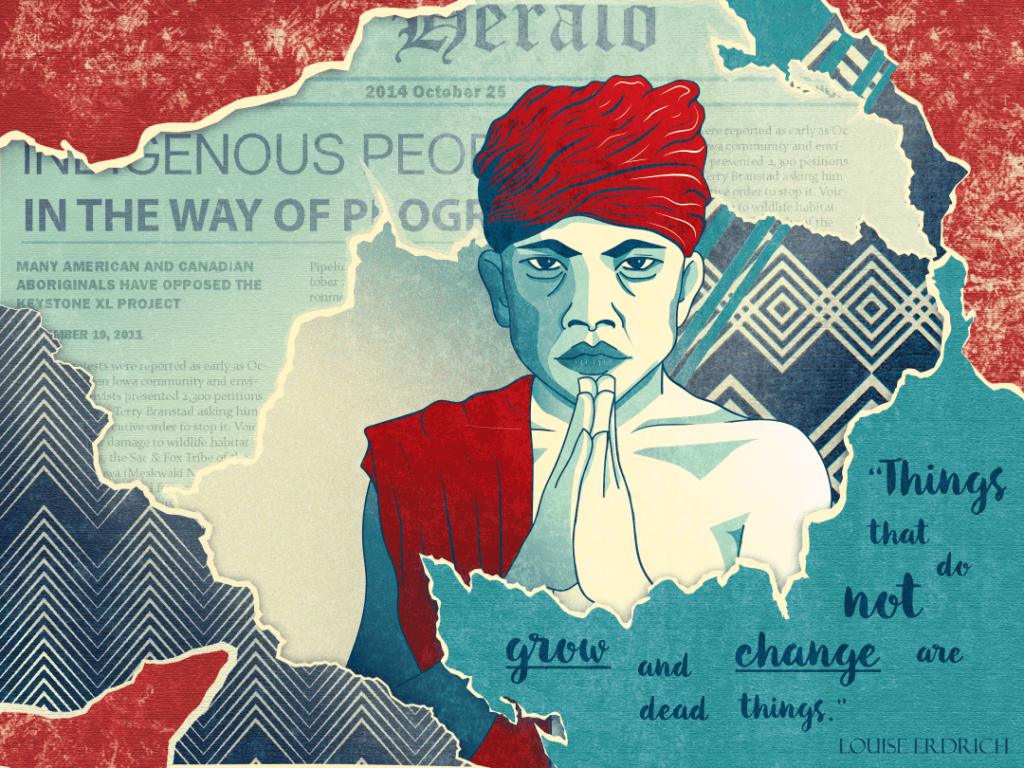 Collage portrait of a man in a red head wrap set against torn newspaper and patterned textiles