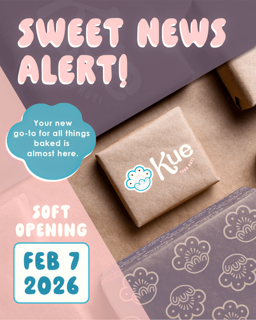 “Sweet News Alert!” social post announcing the Kue soft opening, with a branded pastry box