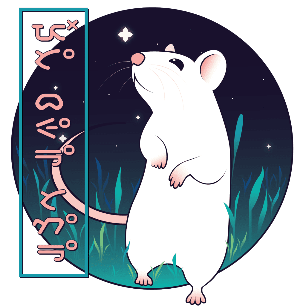 Illustration of a white rat gazing up at a starry night sky inside a circular frame
