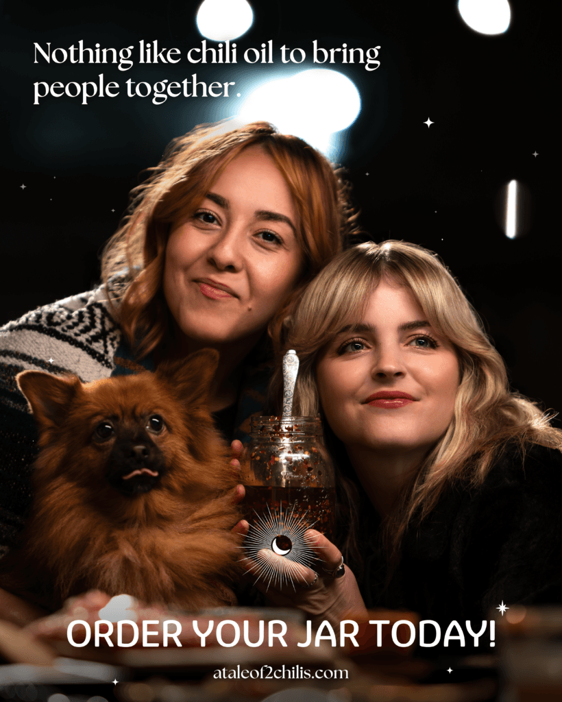 Social post of two friends and a small dog with the text “Nothing like chili oil to bring people together. Order your jar today!”