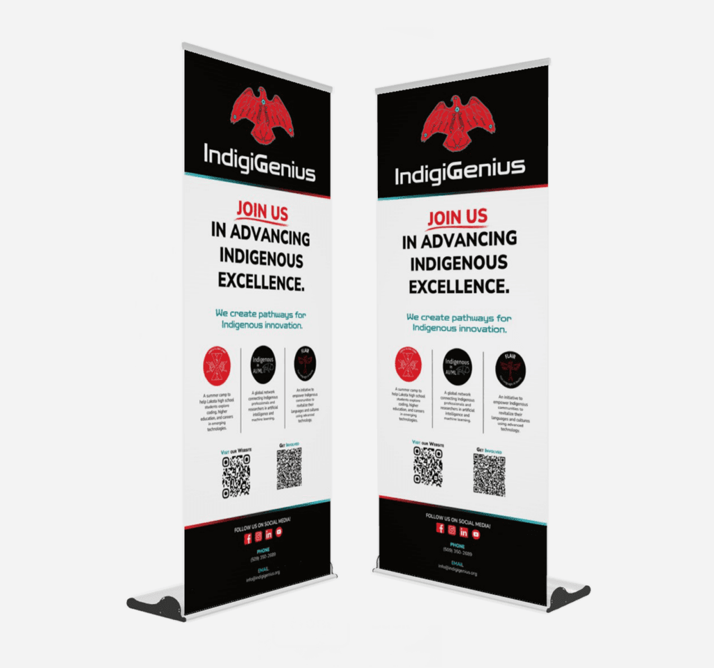 Mockup of two IndigiGenius retractable banners reading “Join us in advancing Indigenous excellence”