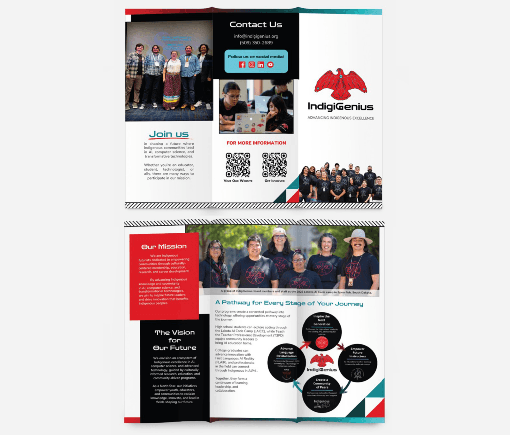 Mockup of the IndigiGenius tri-fold brochure, showing the mission, program pathway, and contact panels