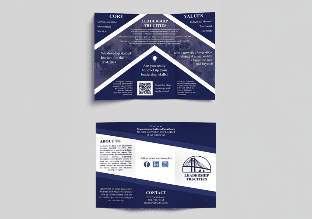 Front and back of a navy and white Leadership Tri-Cities brochure
