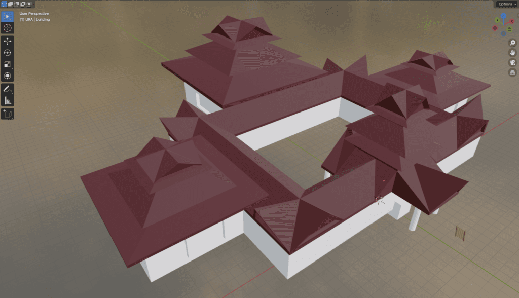 3D model of a village compound with red-roofed buildings