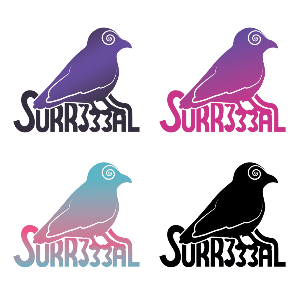 Four color variations of the Surr333al crow logo