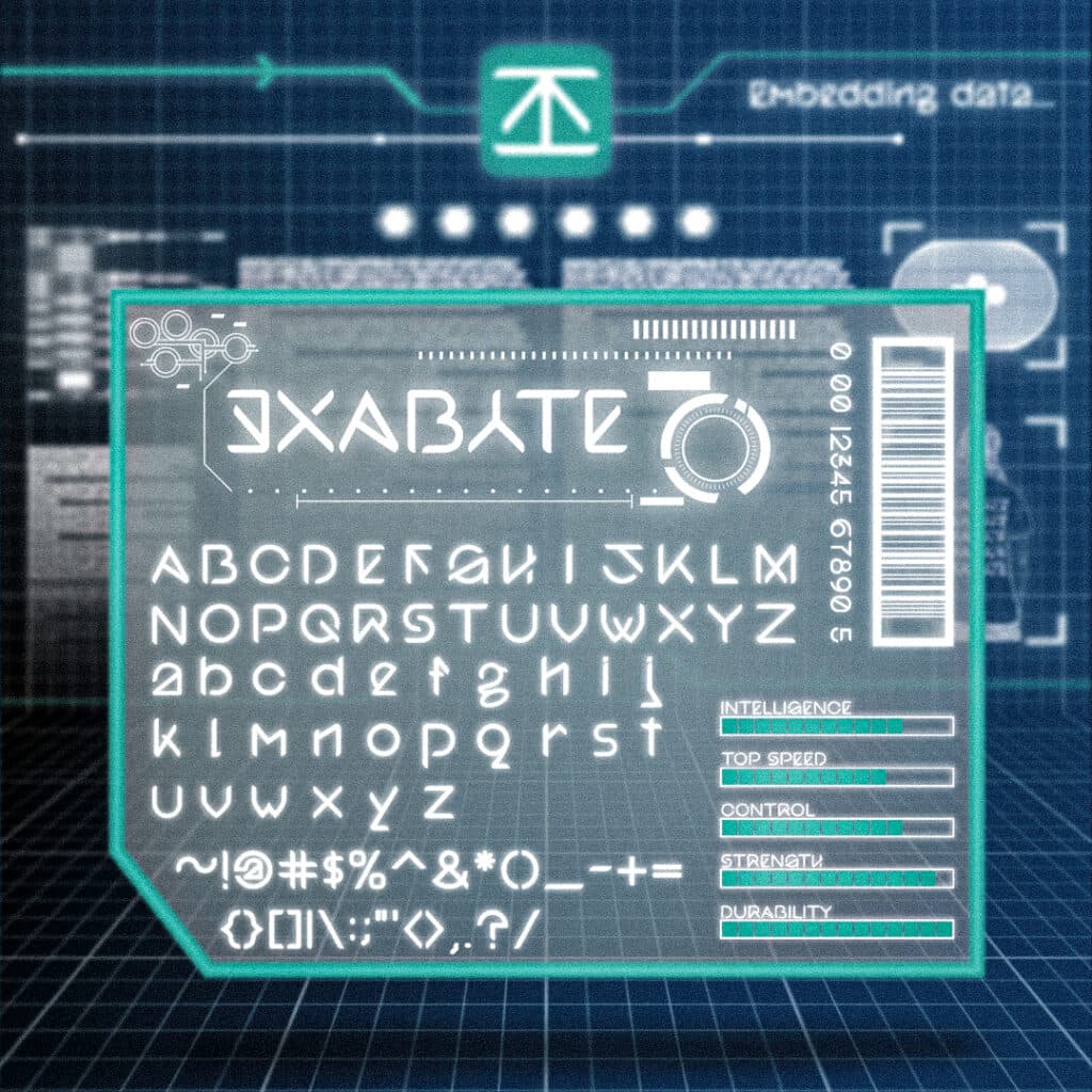 Specimen sheet for Exabyte, a futuristic display typeface, shown on a sci-fi interface screen