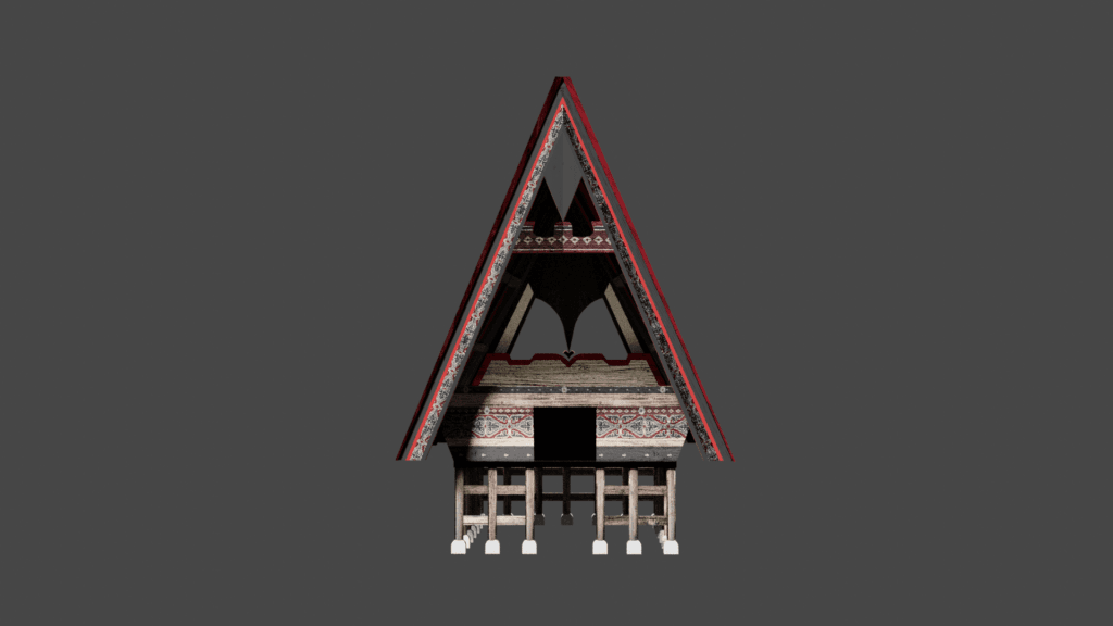Front view of the 3D Batak house model with its steep, curved roof