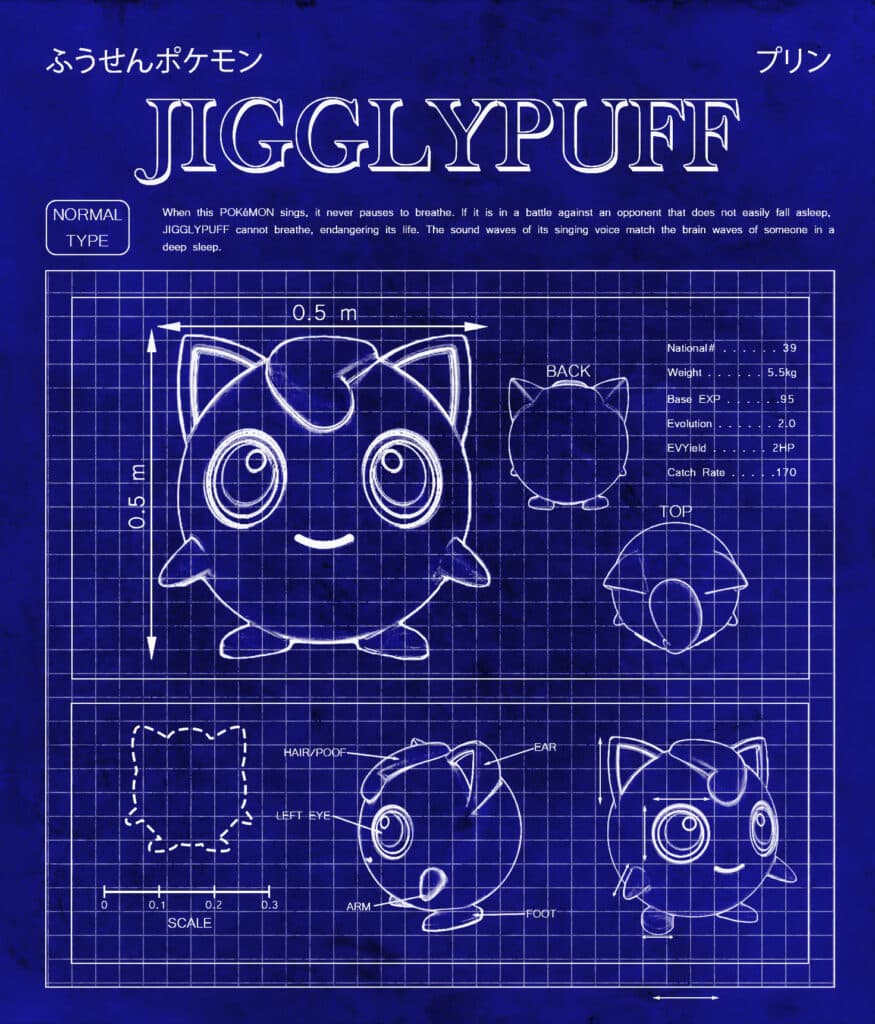Blueprint-style fan art diagram of the Pokémon Jigglypuff