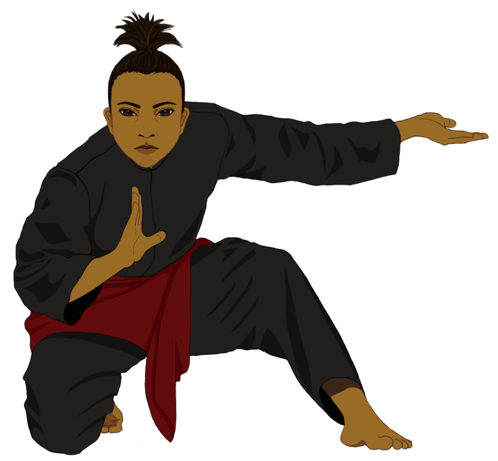 Illustration of a martial artist in black with a red sash, crouched in a fighting stance