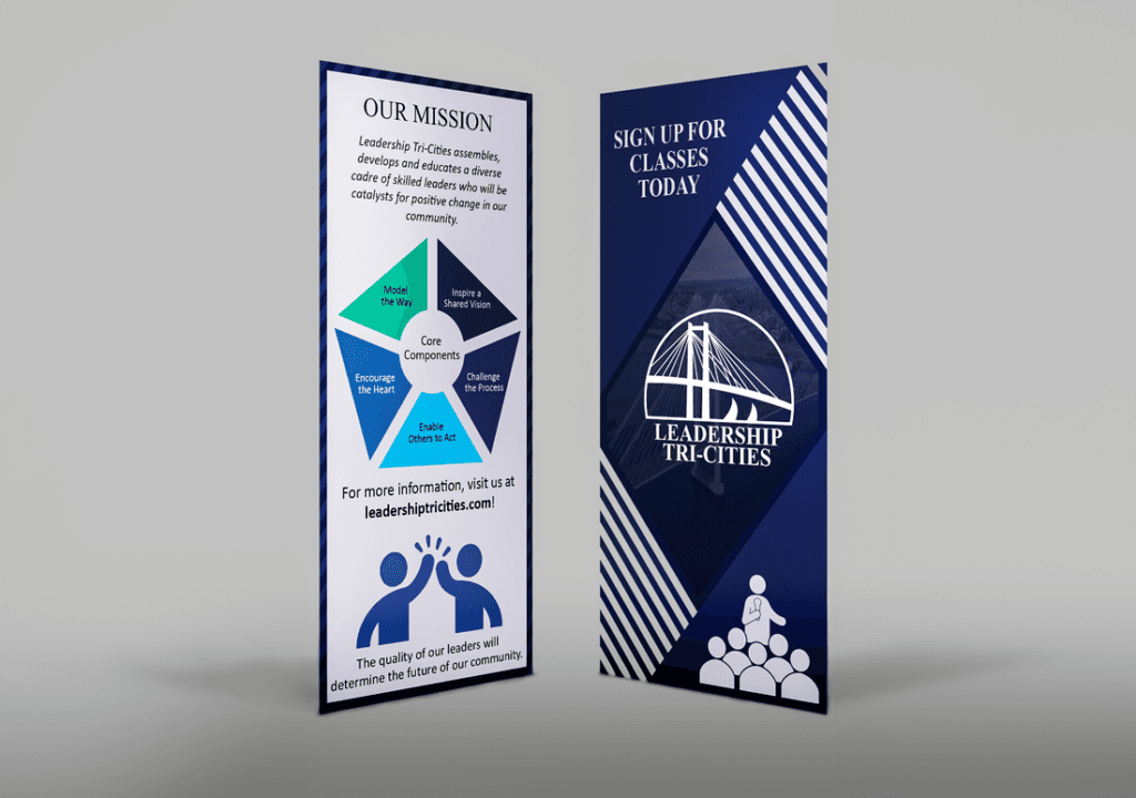 Mockup of navy and white Leadership Tri-Cities rack cards