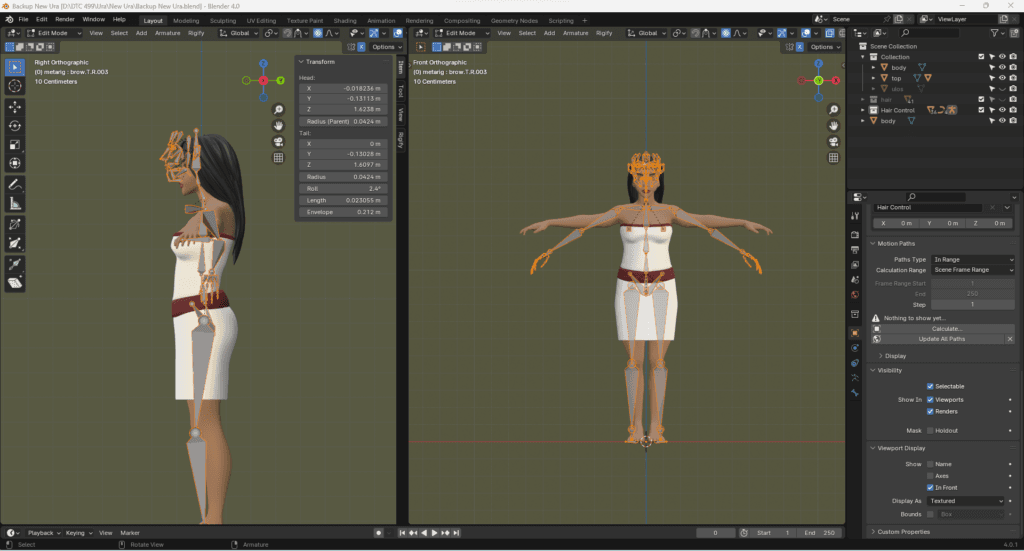 The Ura character model being rigged in Blender, shown from the front and side