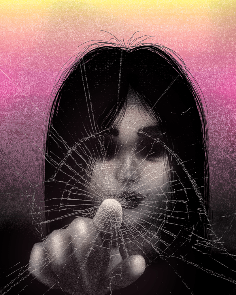 Eerie black-and-white portrait of a woman behind shattered glass, reaching toward the viewer