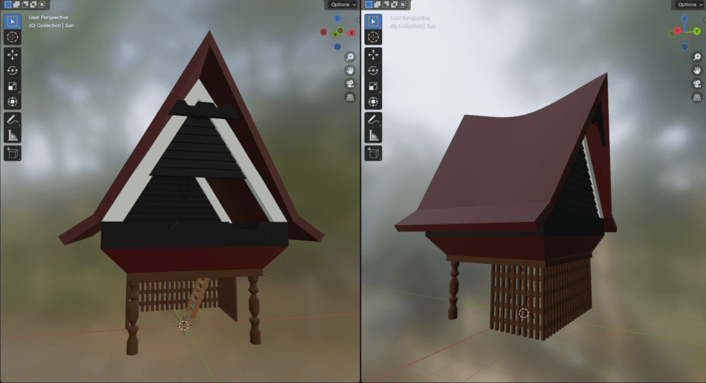 The Batak house model from two angles inside the game environment